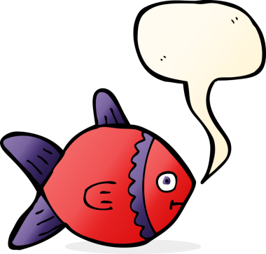 Bir insan tarafından çizilmiş konuşma balonlu çizgi film balığı.