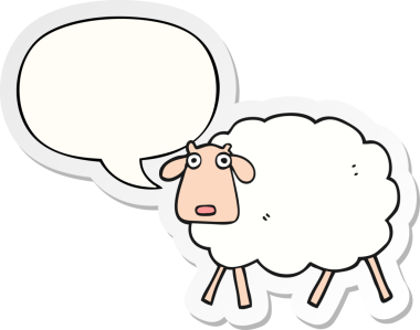 Bir insan tarafından çizilmiş konuşma balonu çıkartmalı çizgi film koyunu.