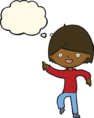 Bir insan tarafından çizilen düşünce baloncuğuyla işaret eden çizgi film adamı.