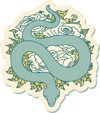 Bir insan tarafından çizilmiş geleneksel yılan ve gül stili dövme çıkartması.