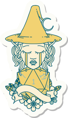 Ağlayan Elf Büyücüsü karakterinin çıkartması. İnsan tarafından çizilmiş doğal bir D20 ruloyla.