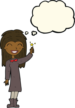 Bir insan tarafından çizilmiş düşünce balonlu cadı kız.