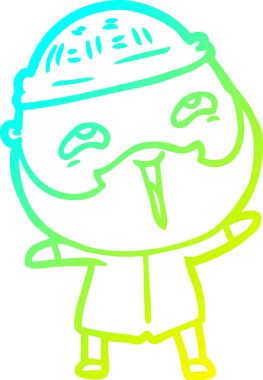 Bir insan tarafından çizilmiş, mutlu, sakallı, çizgi film karakteri.