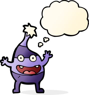 Bir insan tarafından çizilmiş düşünce baloncuğu olan komik bir Noel yaratığı.