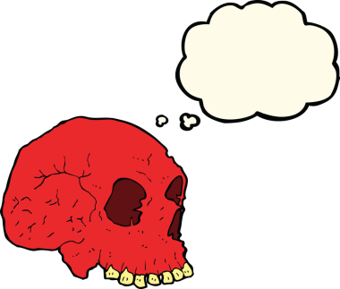 Bir insan tarafından çizilmiş düşünce baloncuklu garip kafatası.