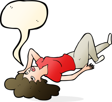 Bir insan tarafından çizilmiş konuşma baloncuğuyla yerde yatan karikatür kadın.