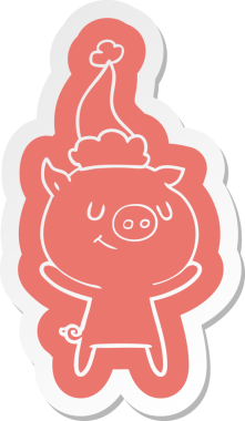 Bir insan tarafından çizilmiş Noel Baba şapkası takan bir domuzun komik çizgi film çıkartması.