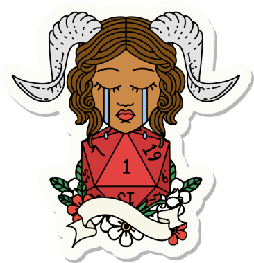 Ağlama etiketi, bir insan tarafından çizilmiş doğal bir D20 rulo ile bağlanıyor.