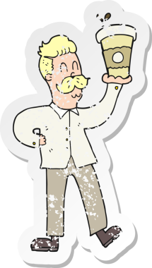 Bir insan tarafından çizilmiş kahve fincanları olan karikatürcü adamın gerilimli retro yapıştırması.