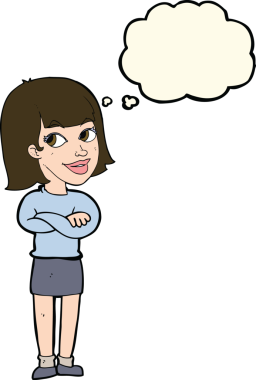 Bir insan tarafından çizilmiş düşünce baloncuğuyla bakan mutlu bir karikatür.