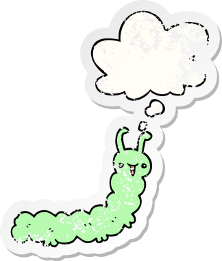 Düşünce baloncuğu olan çizgi film tırtılları insan tarafından çizilmiş yıpranmış bir çıkartma gibi.