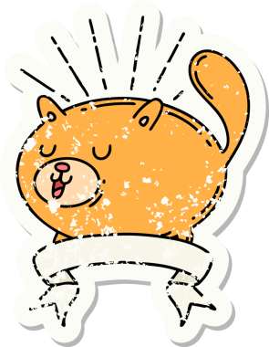 Bir insan tarafından çizilmiş eski bir dövme stili mutlu bir kedi.