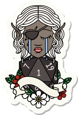 Ağlayan bir elf karakterinin çıkartması. İnsan tarafından çizilmiş doğal bir D20 yuvarlak yüzlü.