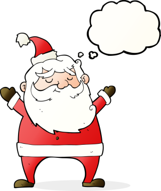 Düşünce baloncuğu çizilmiş neşeli Noel Baba çizgi filmi