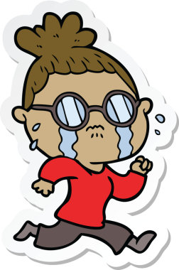 Bir insan tarafından çizilmiş gözlüklü, ağlayan bir kadının çıkartması.