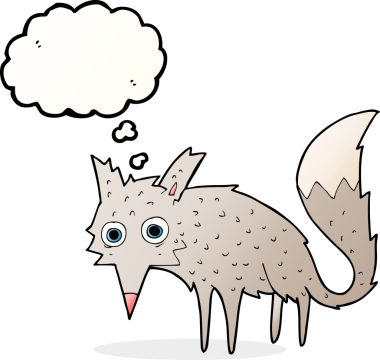 Bir insan tarafından çizilmiş düşünce balonlu komik bir kurt.