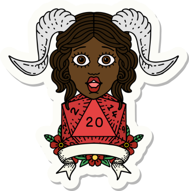 Bir insan tarafından çizilmiş doğal yirmi zarla yapıştırılmış bir etiket.