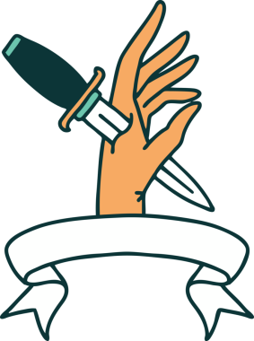 Geleneksel dövme, insan eliyle çizilmiş bir hançer sancağıyla.