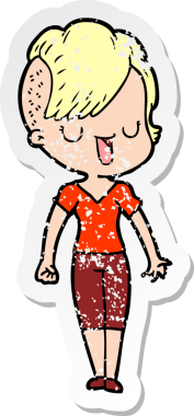 Hipster saç kesimi bir insan tarafından çizilmiş tatlı bir çizgi film kızına ait sıkıntılı bir etiket.