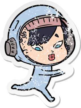Bir insan tarafından çizilmiş karikatür astronot kadının sıkıntılı çıkartması.
