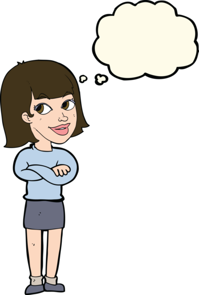 Bir insan tarafından çizilmiş düşünce baloncuğuyla bakan mutlu bir karikatür.