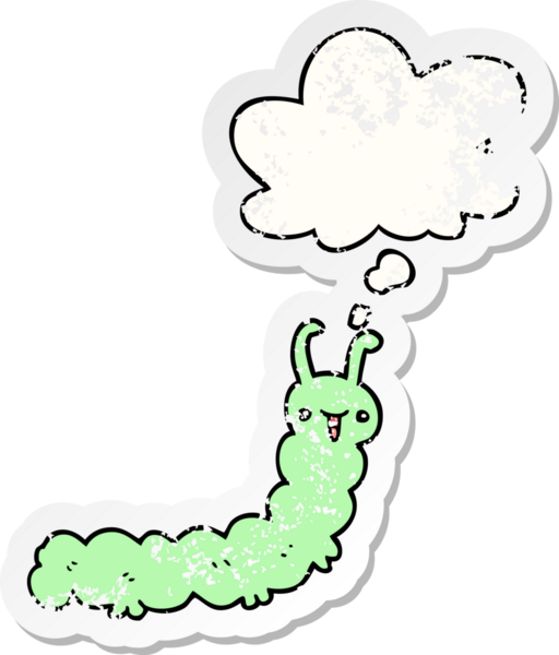 Düşünce baloncuğu olan çizgi film tırtılları insan tarafından çizilmiş yıpranmış bir çıkartma gibi.