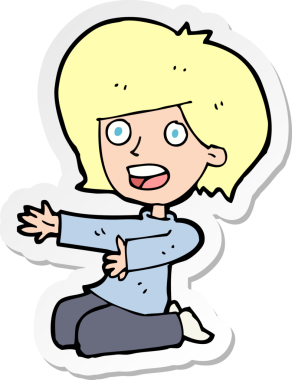 Çizgi film çıkartması. Bir insan tarafından dizlerinin üzerine çizilmiş bir kadın.