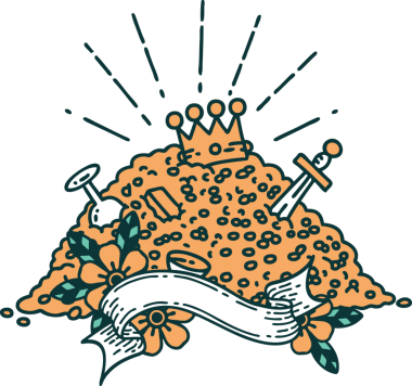 Bir insan tarafından çizilmiş dövmeli altın yığını.