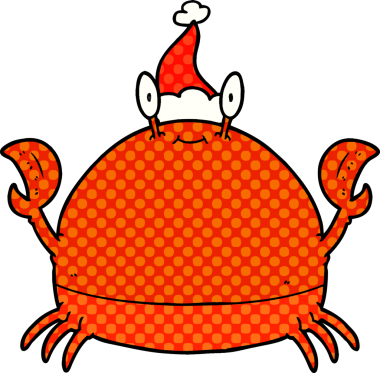 Bir insan tarafından çizilmiş Noel Baba şapkası takan bir yengecin el çizimi çizgi roman tasviri