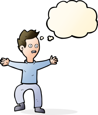 Bir insan tarafından çizilen düşünce baloncuğuyla panikleyen çizgi film adamı.