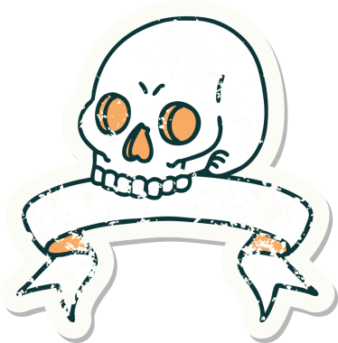 Bir insan tarafından çizilmiş kafatasının pankartıyla eski bir etiket.