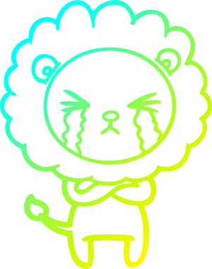 Bir insan tarafından çapraz kollarla çizilmiş ağlayan bir aslanın karikatür çizimi