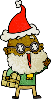 Kol altında sakallı, kolunda Noel Baba şapkası olan neşeli bir adamın el çizimi karikatürü.