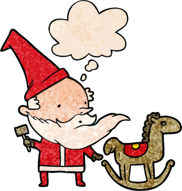 çizgi film Noel Baba insan tarafından çizilmiş grunge desenli düşünce baloncuğuyla oyuncak yapıyor.