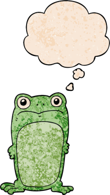 Bir insan tarafından çizilmiş grunge desenli düşünce baloncuğu olan çizgi film bakışlı kurbağa.