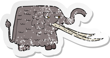 Bir insan tarafından çizilmiş tüylü mamut çizgi filminin kederli retro yapıştırması.