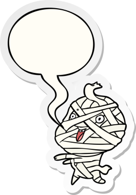 Bir insan tarafından çizilmiş konuşma balonu çıkartmalı şirin cadılar bayramı mumyası çizgi filmi.