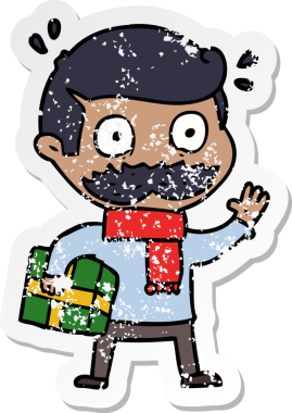 Bir insan tarafından çizilmiş bıyıklı ve noel hediyeli karikatürcü adamın sıkıntılı çıkartması.