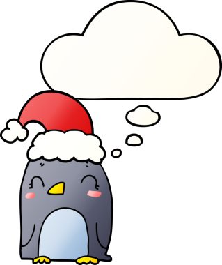 Hoş bir noel pengueni. Düşünce baloncuğu bir insan tarafından çizilmiş.