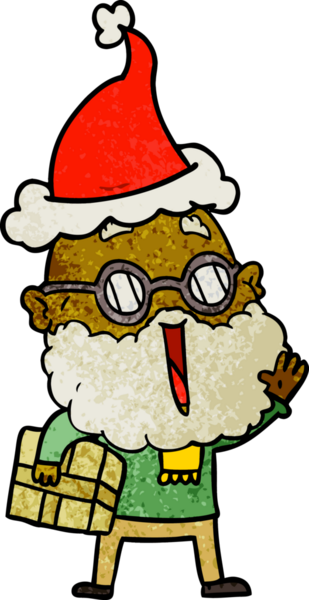 Kol altında sakallı, kolunda Noel Baba şapkası olan neşeli bir adamın el çizimi karikatürü.