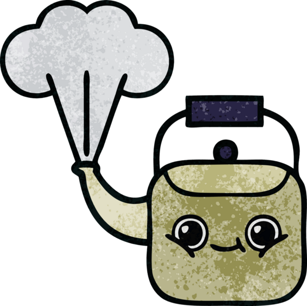 Bir insan tarafından çizilen dumanı tüten bir çaydanlığın retro grunge desenli karikatürü