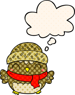 Bir insan tarafından çizilmiş çizgi roman tarzında düşünce baloncuğu olan şapkalı sevimli bir baykuş.