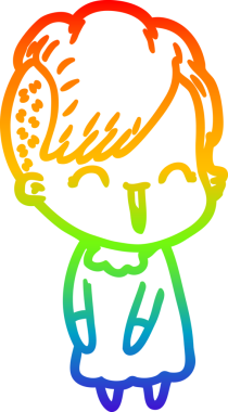 Gökkuşağı gradyan çizgisi mutlu çizgi film hipster kızı bir insan tarafından çizilmiş.