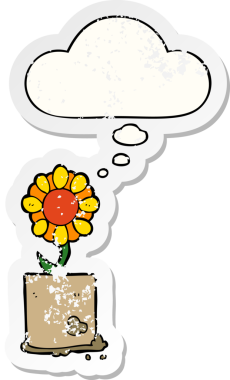 Düşünce baloncuğu olan karikatür çiçeği insan tarafından çizilmiş yıpranmış bir çıkartma gibi.