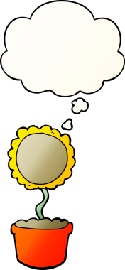 Bir insan tarafından çizilmiş yumuşak eğimli düşünce baloncuklu şirin çizgi film çiçekleri.