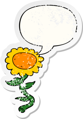 Konuşma baloncuğu olan çizgi film ayçiçeği bir insan tarafından çizilmiş sıkıntılı eski bir çıkartma