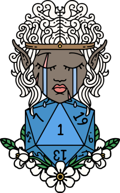 Retro Dövme Tarzı Ağlayan Elf Barbar Karakteri Bir insan tarafından çizilmiş doğal bir D20 rulosu