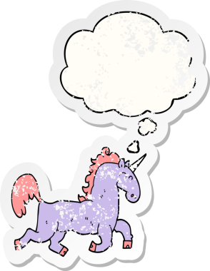 Düşünce baloncuklu tek boynuzlu at dertli bir çıkartma gibi bir insan tarafından çizilmiş.