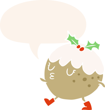 Karikatür noel pudingi bir insan tarafından çizilmiş retro tarzı konuşma baloncuğuyla yürüyor