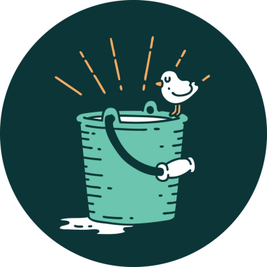 Bir insan tarafından çizilmiş su kovasına tünemiş dövme stili bir kuşun simgesi